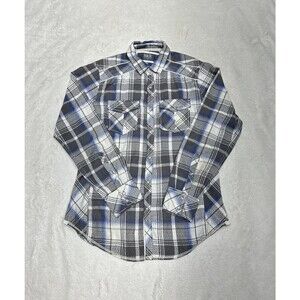 BKE Mens Standard Fit Blue Gray Plaid Long Sleeve Flannel Pearl Snap Size Medium